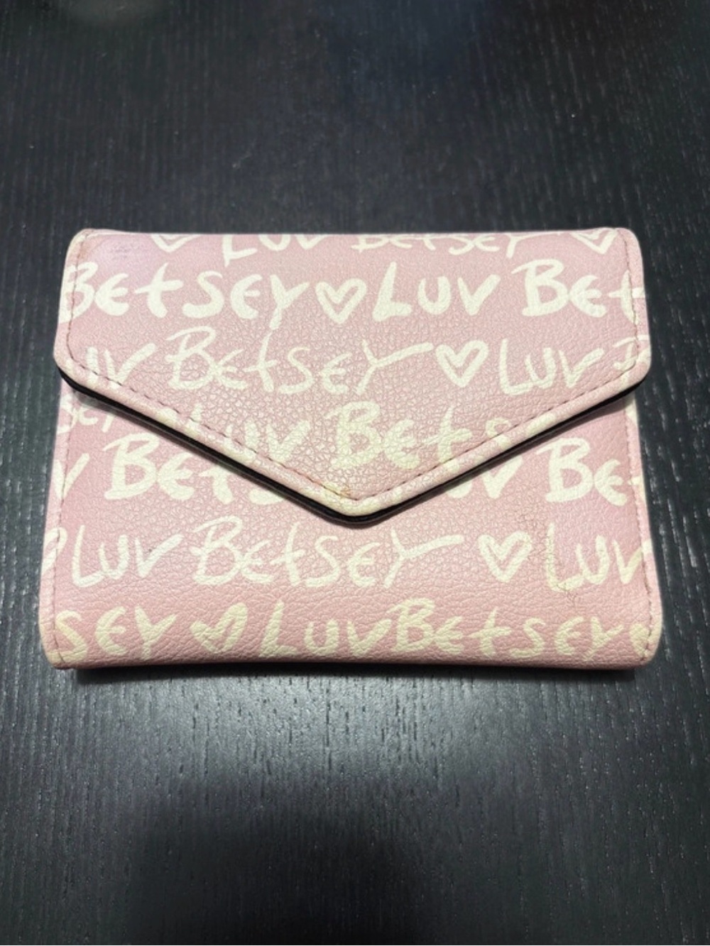 Betsey Johnson Pink White Script Luv Betsey Small Envelope Style Fold Wallet